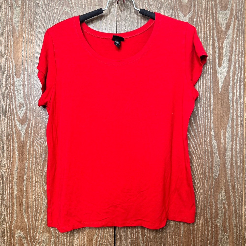 Eileen Fisher Womens Red Rayon Lycra Short Sleeve Scoop Neck Tee Shirt L Relaxed